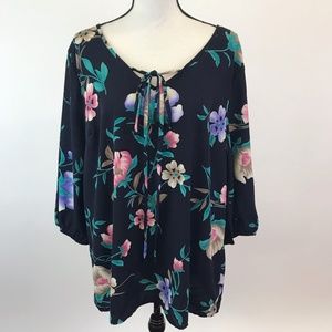 Oddy Floral Tie Neck V Neck Tunic 1X